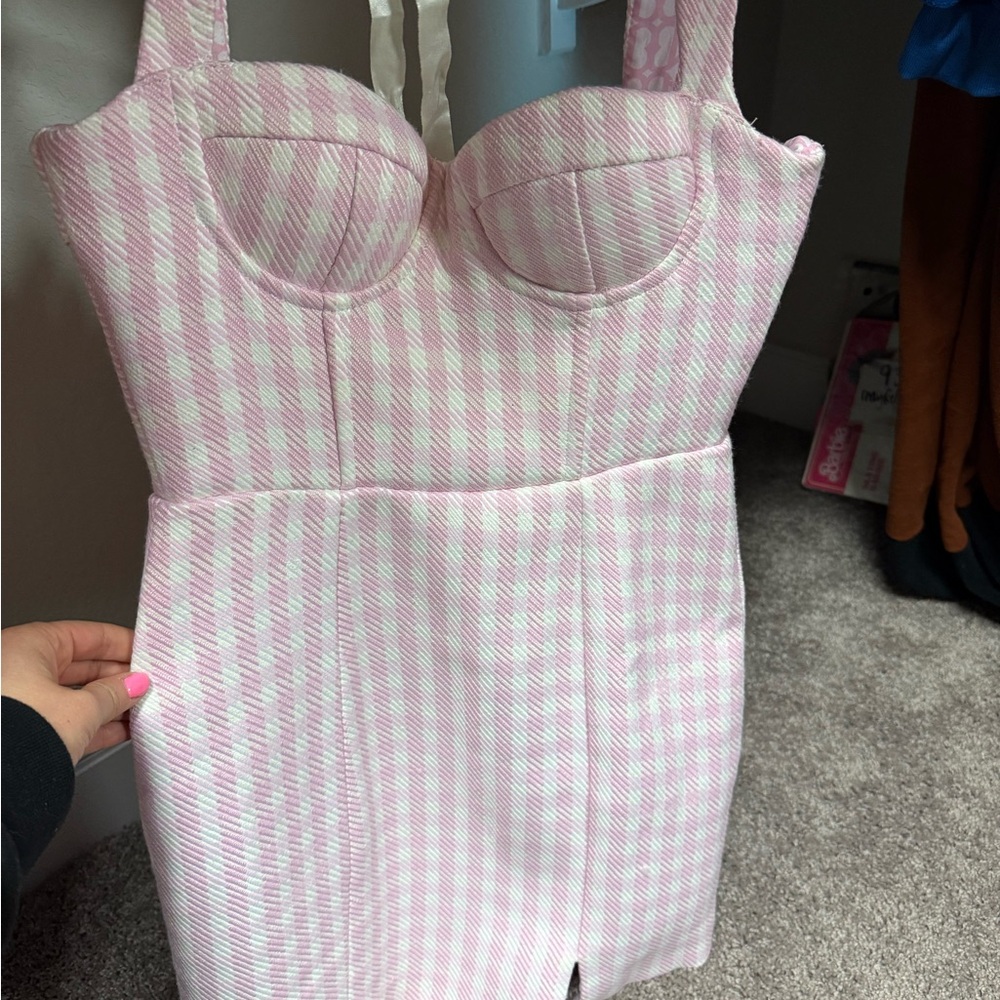 Pink and White Checkered Bustier Dress